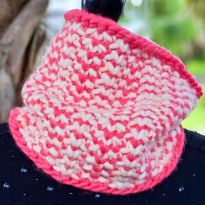 Cowl Neckwarmer Snood Super Warm Soft Wool Striped Pink White Yarn One Of A Kind